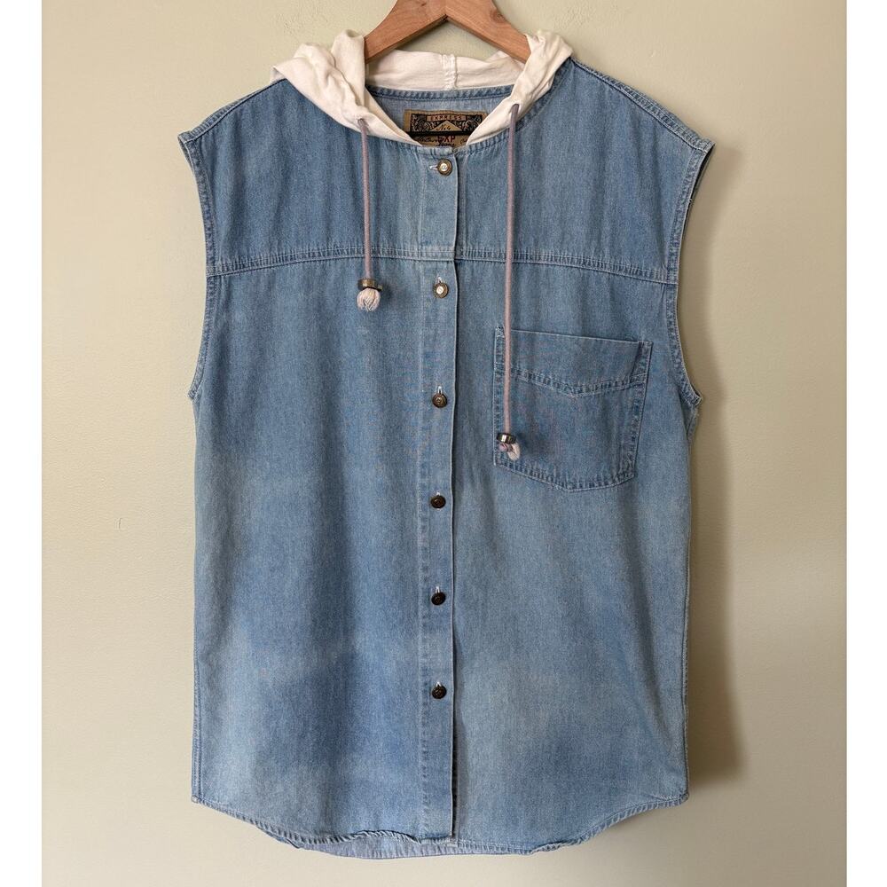 Vintage Express Denim Sleeveless Hooded Shirt Men's Utility Vest 90's Y2K